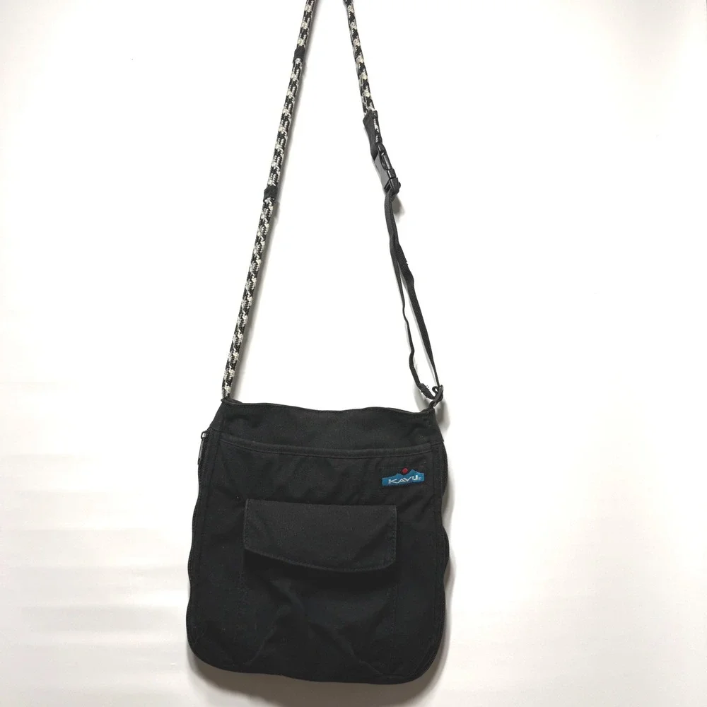 KAVU Keeper Crossbody Bag Black Canvas Rope Strap Purse Travel Messenger Handbag